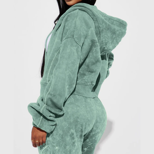 Custom Logo Acid Wash Tracksuit Women Heavyweight Fleece <b>Crop</b> <b>Zip</b> <b>Up</b> Hoodie Wide Leg Sweatpants 2 Piece Set Streetwear - Product Image 3