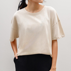 Buy Low MOQ Beige Drop Shoulder <b>T</b>-<b>Shirt</b> 100% Cotton Casual Loose Fit Tee OEM ODM Custom Logo Private Label Women's <b>T</b>-<b>Shirts</b> - Product Image 2