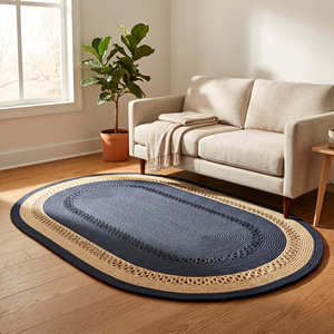 Tapis ovale en corde de coton design avec bordure bleue pour salon, table basse et maison de style côtier - Product Image 1