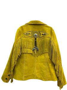 Yellow <b>Suede</b> <b>Leather</b> Knitted Fringe Bomber <b>Jacket</b> Western Style Women's Covered Button Closure Regular Length Spring Autumn - Product Image 5