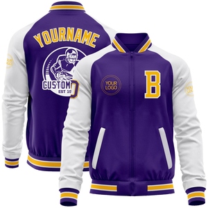 เสื้อแจ็คเก็ตบอมเบอร์วาร์ซิตี้แบบมีซิปสองสี รุ่น Letterman สีม่วงทองขาว ผลิตโดย OMMIZ INDUSTRY ขายส่งโดยตรง - Product Image 1