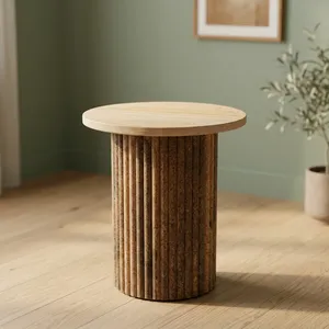 Modern Round Wood Side <b>Table</b> With Ribbed Base Handmade Solid Oak Accent <b>End</b> <b>Table</b> for Living Room Bedroom Home Decor - Product Image 4