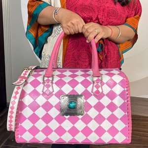 Pink & White Checkered Large Speedy Bag with Turquoise Concho Hand <b>Tooled</b> Cow <b>Leather</b> Crossbody Handbags Stylish Travel Duffels - Product Image 4
