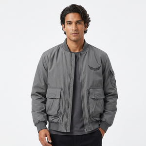 <b>Men's</b> Gray <b>Jacket</b> With Embroidered Wings Logo Zipper Stand Collar Casual Windproof Thick Polyester Wadding Autumn Wear - Product Image 5