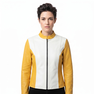 Blousons universitaires en cuir véritable pour femmes, col montant, broderie chenille, blouson motard en cuir, blousons en cuir véritable pour femmes - Product Image 3