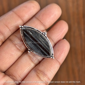 Joyería Perfeccionada, Anillo de Plata 925 con Turmalina Negra Corte Marquesa y Druzy, Engaste de Bisel, Gema Vintage, Joyería Unisex para Fiestas - Product Image 3