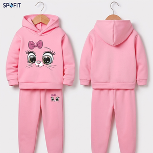 Ensemble sweat à capuche et pantalon pour filles, motif chat rose de dessin animé, 100 % coton, survêtement décontracté d'automne, manches longues, taille élastique - Product Image 5