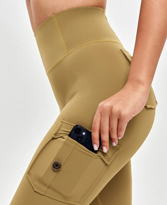 Nouveaux leggings de yoga élégants à taille basse, couleur unie, coupe évasée, sans coutures, avec poches, extensibles dans quatre directions, longueur intégrale, en spandex et polyester - Product Image 4