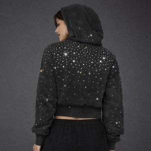 Sudadera con capucha corta de invierno OEM para mujer, con pedrería, de algodón de rizo 450GSM, oversize, hombros caídos, estilo streetwear, forrada, con cremallera personalizada - Product Image 3