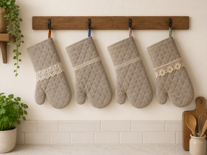 Gant de four matelassé en coton résistant à la chaleur, lavable, pour la cuisine et la pâtisserie, avec bordure en dentelle, compatible lave-vaisselle - Product Image 1
