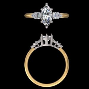 Anillo de Compromiso con Diamante Corte Marquesa de 1.64 Quilates, Oro Bicolor de 18k y 14k, Banda de Boda con Piedras Laterales Baguette, Joyería Fina para Novia - Product Image 3