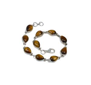 Pulsera Ajustable de Plata de Ley 925 con Ojo de Tigre y Baño de Rodio, Joyería Hecha a Mano con Forma de Pera, Unisex, 10 Piedras - Product Image 1
