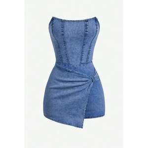 <b>Strapless</b> Denim <b>Corset</b> Romper with Asymmetrical Knotted Overlay - Product Image 3