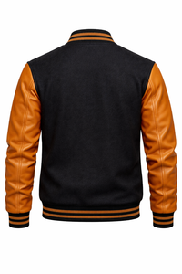 Men's Black <b>Wool</b> Varsity Jacket With Brown Leather Sleeves Button Front Turn-down Collar Casual Autumn Outerwear - Product Image 6