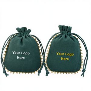 Craftjaipur Eco Friendly Customized Logo Dark Green Jewelry Organizer <b>Pouch</b> Lightweight <b>Drawstring</b> Indian Handmade Cotton - Product Image 1