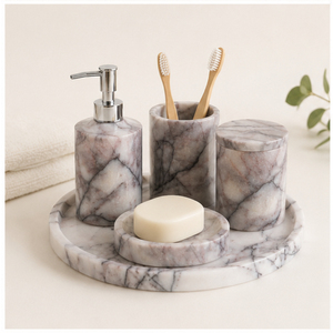 Luxury 5-Piece Natural Marble Bathroom Accessories Set Elegant Handmade White Stone Soap Dispenser <b>Toothbrush</b> <b>Holder</b> For Hotel - Product Image 1