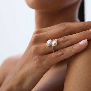 Double Pear Cut Diamond Bypass Halo Ring in Solid Yellow Gold Asymmetric Two Stone Toi et Moi Inspired Design Unique <b>Wrapped</b> - Product Image 2
