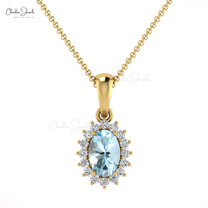 Producto en Oferta, Colgante de Aguamarina Brasileña con Corte Ovalado de 6x4 mm, Halo de Diamantes en Oro Fino de 14k, Joyería de Boda al Mejor Precio - Product Image 1