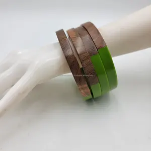 "Inspirational Empowerment Acacia <b>Wood</b> <b>Bangles</b> Set, Four Pearl Bracelets with Light Green Epoxy Finish | Motivational - Product Image 1