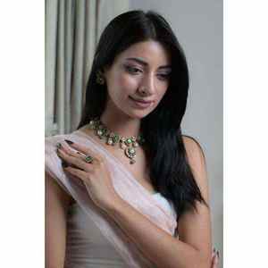 Conjunto de collar y aretes Gajaah de plata de ley 925 con piedra preciosa verde y perlas blancas, joyería de boda para mujer - Product Image 3