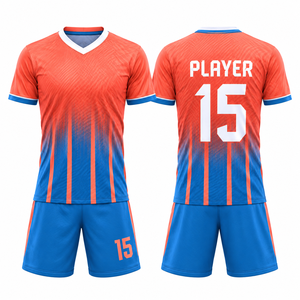 Tenue de football personnalisée, orange et bleu rayé, sublimée, anti-transpiration, 100% polyester, manches courtes, coupe classique pour homme adulte - Product Image 1