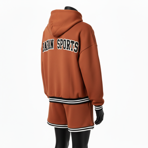 Women Hoodie Short Set 320 GSM Cotton Fleece <b>Rust</b> Brown Soft Heavyweight Chenille Applique Custom Logo Women's Sets - Product Image 5