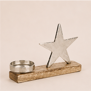 Modern Handmade Durable Aluminum Star Tealight Candle Holder Customizable Eco-Friendly Mango Wood Base for <b>Christmas</b> Home - Product Image 1