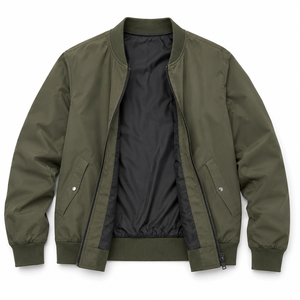 Blouson bomber vert olive pour homme, fermeture éclair, col montant, coupe-vent décontracté en polyester, vêtement d'extérieur pour l'automne - Product Image 4