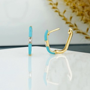 14k Gold Turquoise Enamel Hoop <b>Earrings</b> Baguette Diamond Lever <b>Back</b> Dainty Colorful Fine Jewelry Elegant Art Deco Inspired Gift - Product Image 4