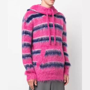 Cardigan en mohair à rayures avec capuche, logo personnalisé, pull 100 % mohair pour homme, vêtements d'hiver brossés et duveteux, pull tricoté OEM ODM - Product Image 5