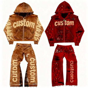 Vintage Washed Custom Logo Hoodie <b>Tracksuit</b> Set Distressed Streetwear Zip Up Jacket Wide Leg Pants Co-Ord Set - Product Image 1