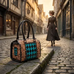 Vintage Genuine Leather Shoulder Bag Women Diamond Lattice Pattern Zipper Closure Two Handles Daily Use <b>Handbag</b> - Product Image 3