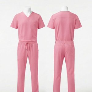 Uniforme Médico Premium de Sarga de Poliéster/Spandex de 180 GSM para Mujer, Blusa Rosa con Cuello en V, Pantalones Cargo con Múltiples Bolsillos, Logotipo Personalizado - Product Image 1