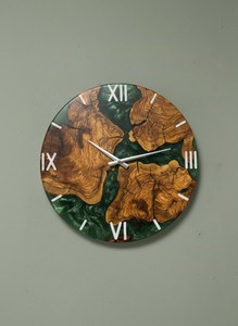 Handcrafted Olive Wood Wall <b>Clock</b> with Green Epoxy Resin Rustic Modern Decor Wall <b>Clock</b> - Product Image 2