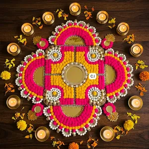 Décoration de table géométrique rose et jaune faite à la main pour Diwali, art d'entrée pour la maison - Product Image 3