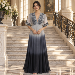 Vestido de Noche con Bordado Floral y Efecto Ombre |   Vestido Largo con Escote en V Profundo y Manga Corta, Estilo Línea A, para Fiestas, Bodas, Eventos Formales - Product Image 2