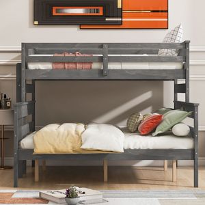Cama litera doble XL gris sobre cama queen con escalera, muebles de madera para niños - Product Image 3