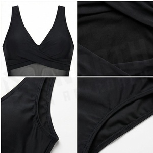 Women's Black One-Piece Swimsuit Deep V Neck Hollow Out Mesh Panel Tummy <b>Control</b> High Waist <b>Bodysuit</b> - Product Image 4