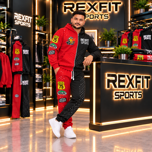 Rexfit sports 2026 New Custom Red <b>Black</b> <b>Zip</b> <b>Hoodie</b> Tracksuit Set Men’s Color Block Jogger Sportswear Matching Set - Product Image 4
