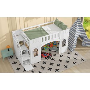 Letto a soppalco bianco singolo con scala contenitore e finestra - Prodotto per letti per bambini - Product Image 6