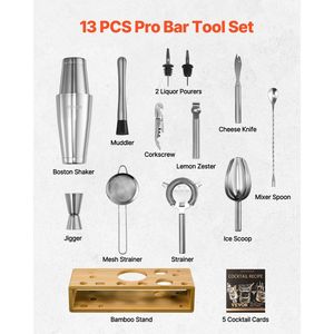 Set da Cocktail in Acciaio Inox 13 Pezzi con Supporto in Bambù, Kit da Barman Boston con Miscelatore, Cucchiaio, Pestello e Utensili da Bar - Product Image 2