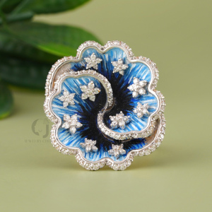 Blue Enamel Diamond Flower <b>Statement</b> <b>Ring</b> 1.38ct Round Cut Side Stone <b>Silver</b> Tone Dual Tone Floral Cocktail <b>Ring</b> Artistic - Product Image 1