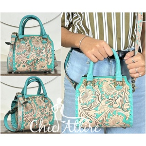 Bolsos de lona de cuero floral personalizados con precio de fábrica al por mayor, bolsos de mano pequeños turquesa para viaje y compras para mujer - Product Image 1