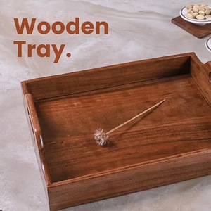 Eco-Friendly Rectangular Acacia Wood Serving <b>Tray</b> with Handles - Solid Wooden Decorative Platter for Coffee Table <b>Breakfast</b> - Product Image 6