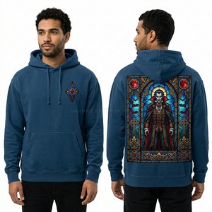 Sweat à capuche bleu pour homme imprimé sur mesure, motif vitrail, streetwear, pull molletonné épais, fournisseur en gros - Product Image 1