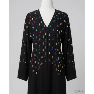 Vestido de Noche Elegante con Cristales Negros para Mujer, Manga Larga, Cuello en V |   Elegante Abaya Islámica, Vestido Largo para Fiesta o Evento Nocturno - Product Image 2