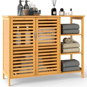 Natural Bamboo 39.5"x14"x31.5" Bathroom Cabinet with Enclosed Cabinet and Open Shelves Ample <b>Storage</b> for <b>Toiletries</b> and Towels - Product Image 1