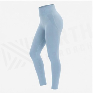 Ensemble de yoga 2 pièces North Approach : haut court à manches longues et leggings taille haute, bleu clair uni, sans couture, respirant, vêtements de sport - Product Image 3
