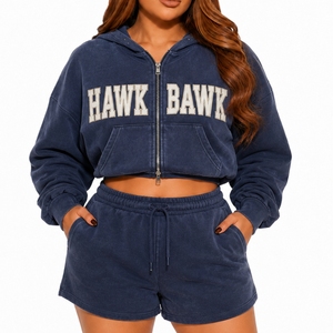 Custom Women's Zip Up Crop Hoodie Shorts <b>Set</b> Zip Hoodie Matching <b>Set</b> Comfort Fit Custom Two Piece <b>Set</b> For Women Crop Hoodie - Product Image 1