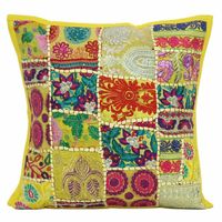Funda de Cojín Cuadrada Bordada a Mano en India, 100% Algodón, con Espejos y Patchwork Vintage, Cierre de Cremallera, Ecológica, para Hotel